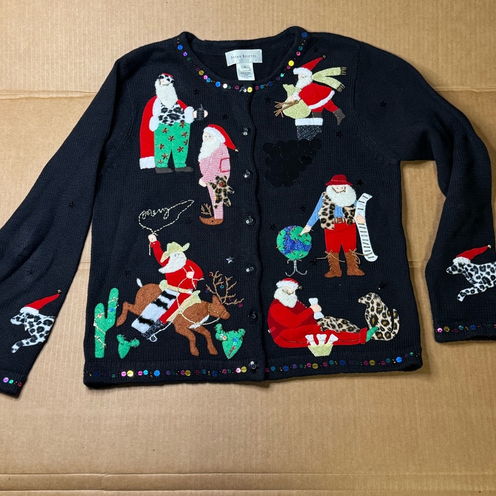Susan Bristol Festive Black Cardigan with Santa Designs size medium - Picture 2 of 15